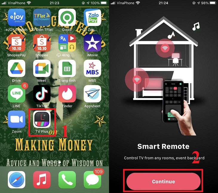 Mở ứng dụng LG TV Plus > Chọn Continue để chấp nhận những yêu cầu của ứng dụng.