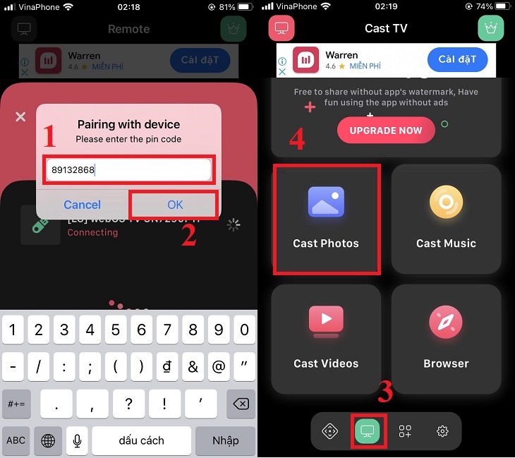 Nhập mã từ xuất hiện ở tivi vào điện thoại > Chọn OK > Nhấn vào biểu tượng tivi màu xanh ở phía dưới > Chọn Cast Photos.