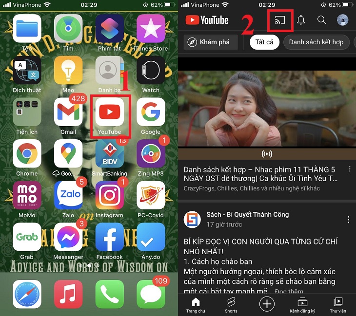 Mở YouTube trên điện thoại iPhone > Chọn biểu tượng hình chiếu trên góc phải của giao diện YouTube.