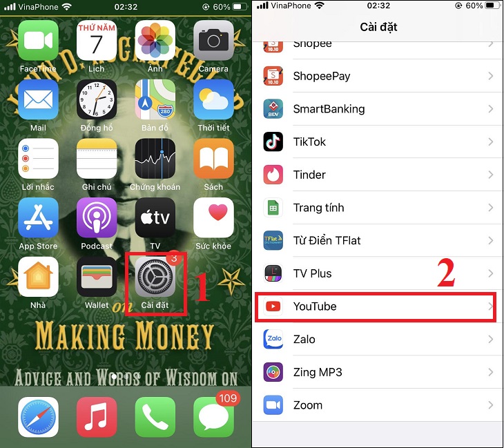 Vào Cài đặt > Chọn ứng dụng YouTube.