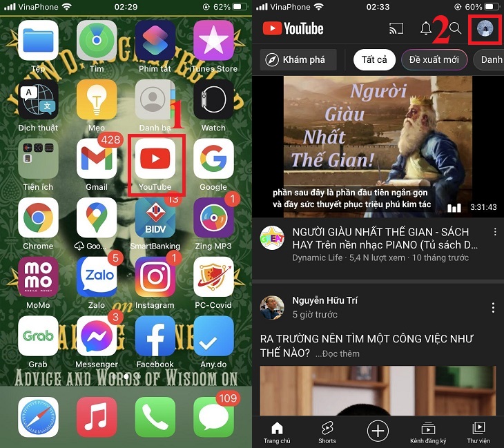 Vào ứng dụng YouTube trên điện thoại > Chọn ảnh hồ sơ của bạn trên YouTube.