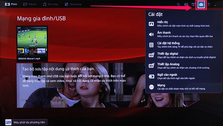 Dùng nút mũi tên để di chuyển sang phải và chọn “Cài đặt” (nút số 1)