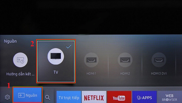 Chọn nguồn kênh tivi mà bạn cần kết nối như kênh Analog, kênh DVB-T2,…