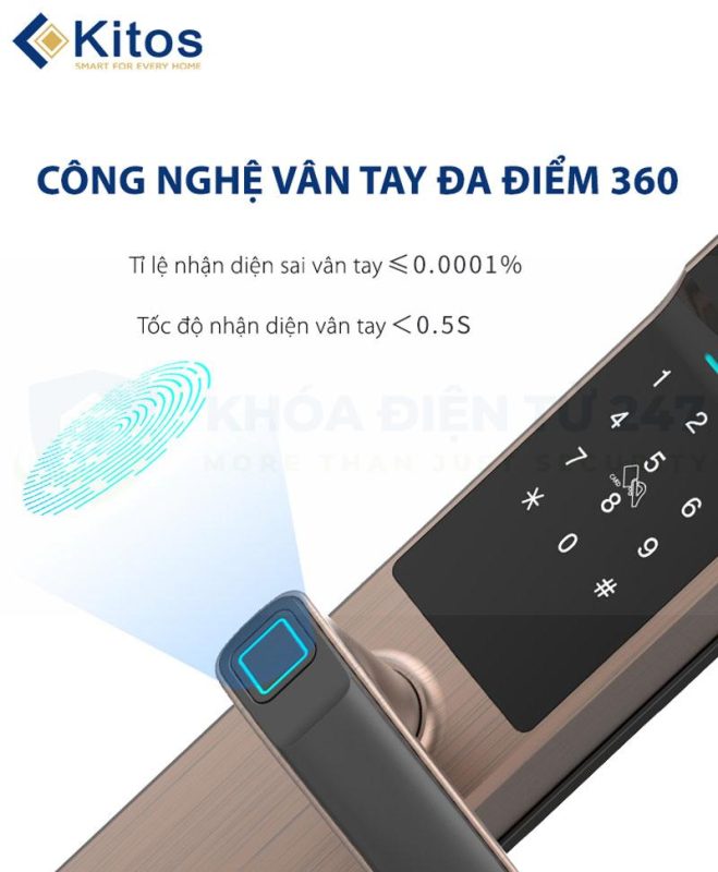 Khóa cửa vân tay Kitos KT-G300 ứng dụng công nghệ vân tay đa điểm 360