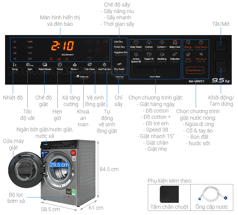 Kích thước máy giặt Panasonic 9kg