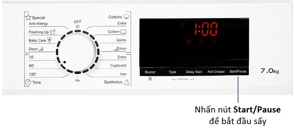 Nhấn nút Start/Pause để bắt đầu sấy - casch sử dụng máy sấy quần áo Galanz